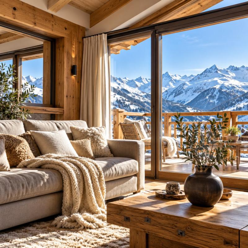 Cosy living room overlooking snow-capped mountains
